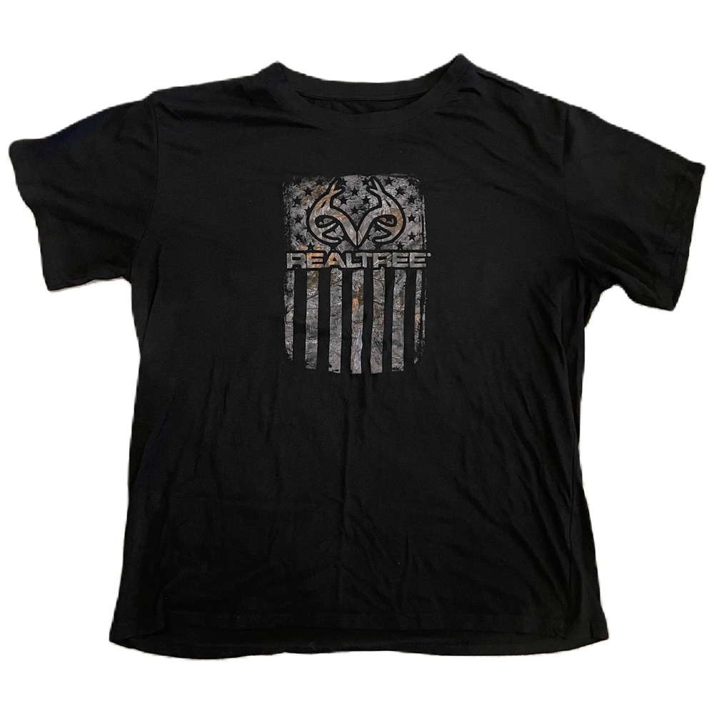 Realtree by Staghorn Creek Mens XL Black‎ Graphic T-Shirt Antler Flag Camo Tee